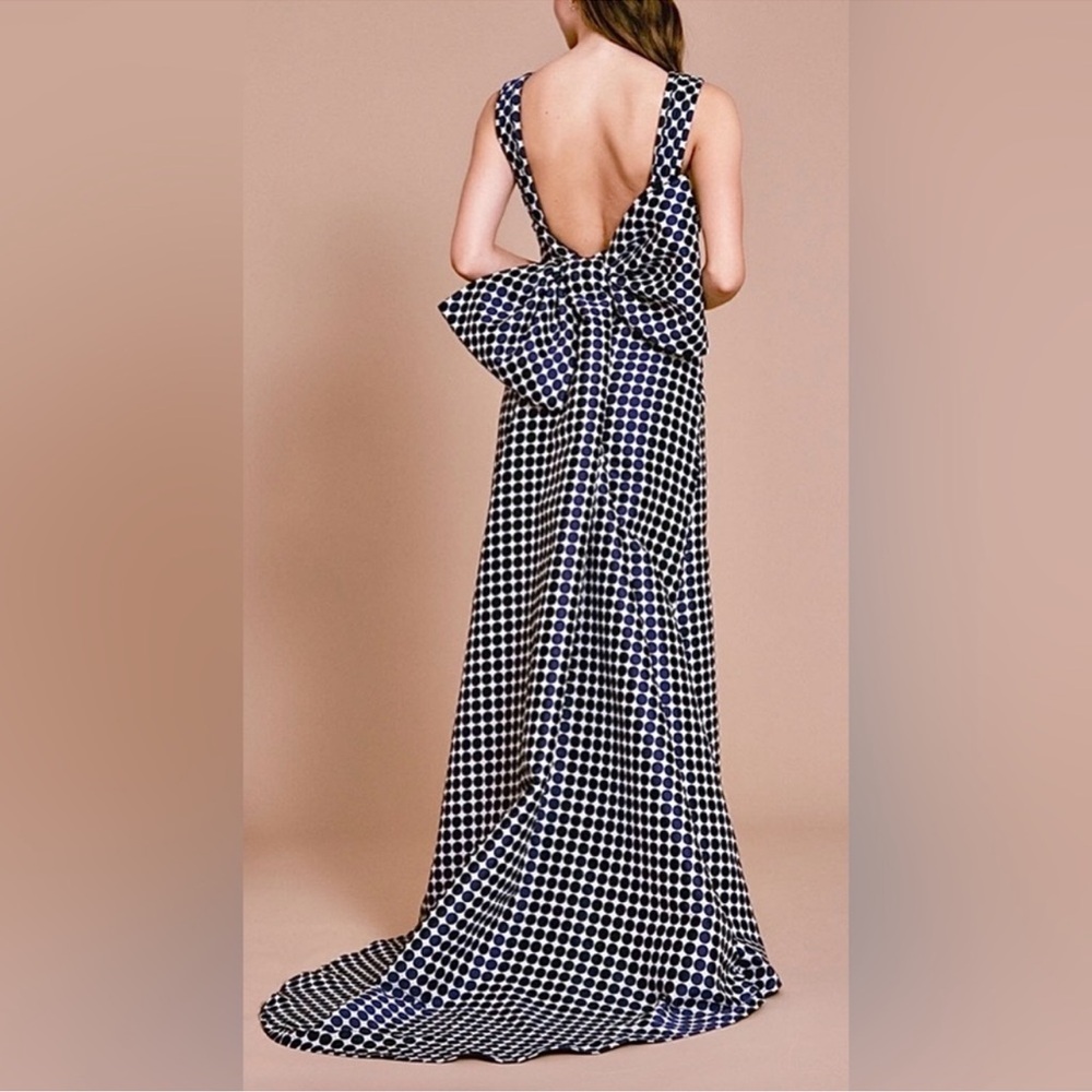 Tadashi Shoji Blue & White Polka Dot Open Back Bow Embellished Maxi Halter Gown